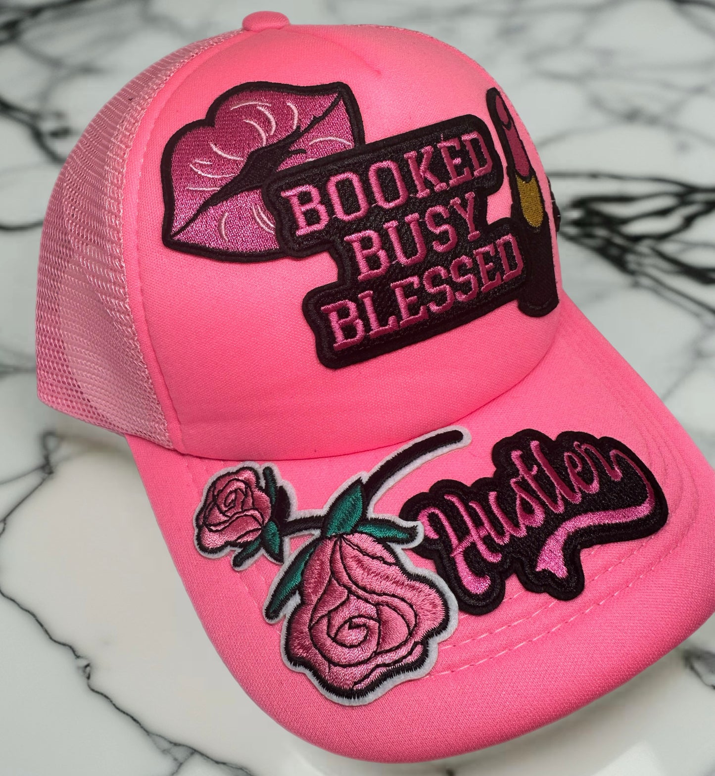 "Booked, Busy, Blessed" Pink Trucker Hat