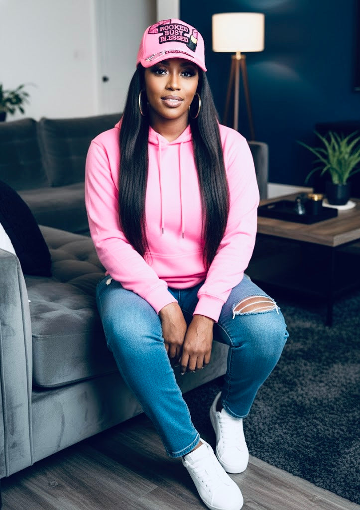 "Booked, Busy, Blessed" Pink Trucker Hat