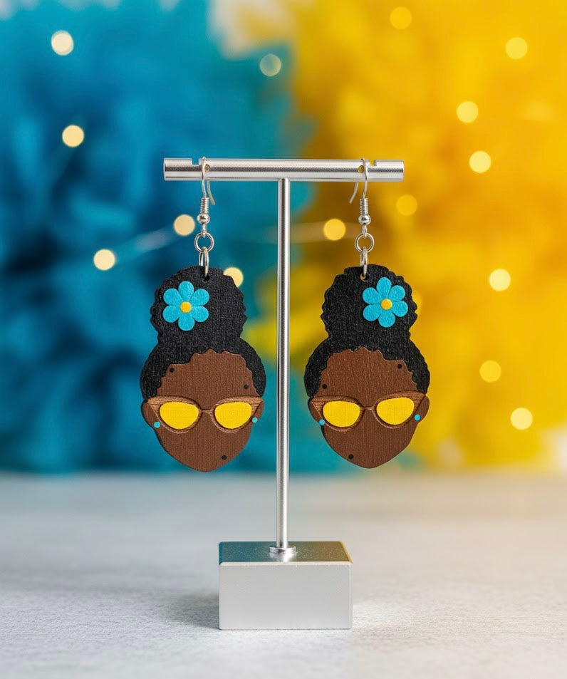 Blue Blossom Glow - Afrocentric Wooden Earrings