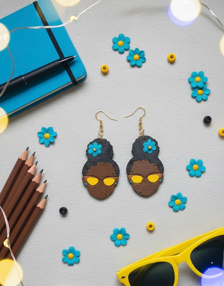 Blue Blossom Glow - Afrocentric Wooden Earrings