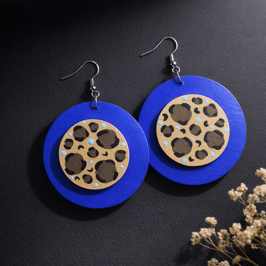 Electric Cobalt: Hand-Painted Leopard & Blue Statement Earrings