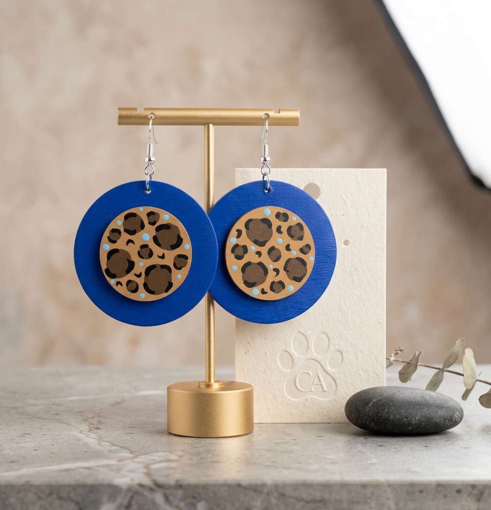Electric Cobalt: Hand-Painted Leopard & Blue Statement Earrings