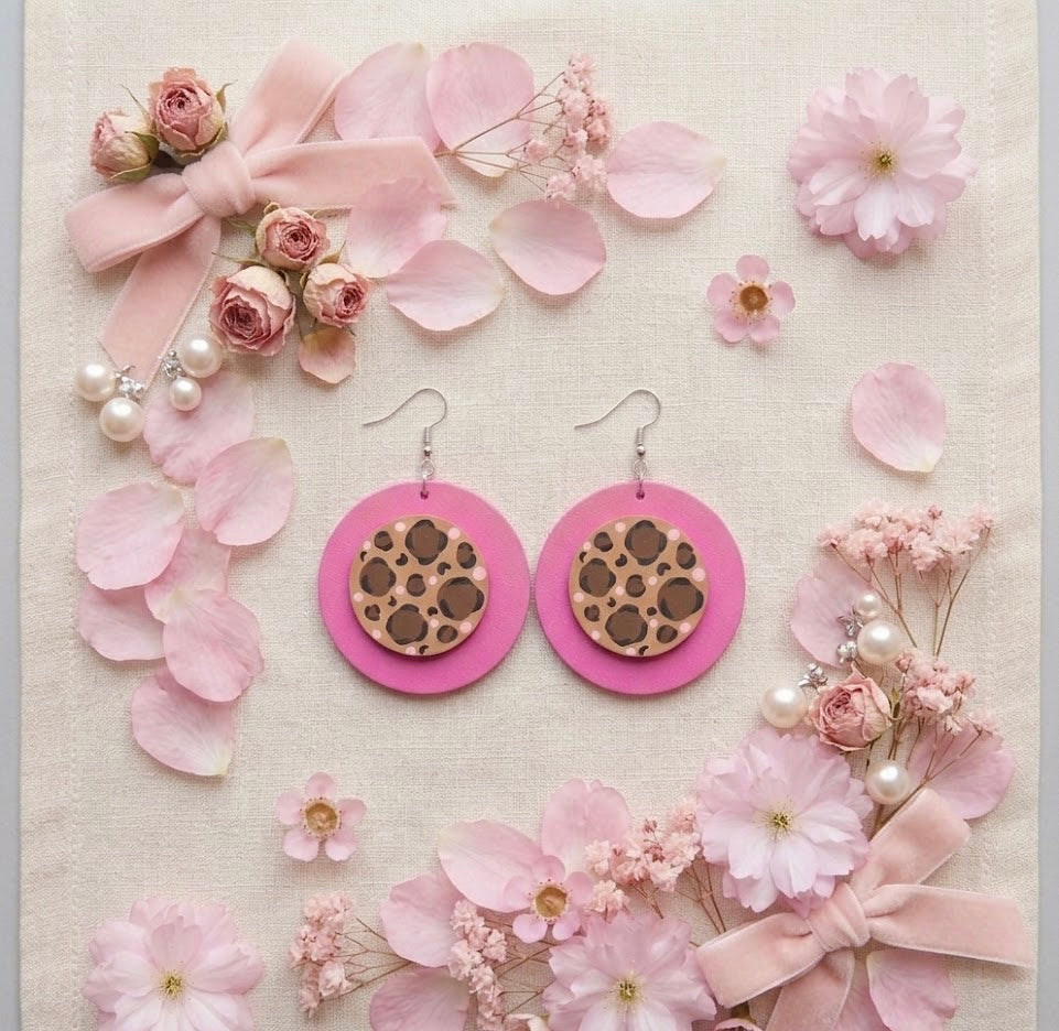 Hand-Painted Pink (Magenta) & Leopard Statement Earrings