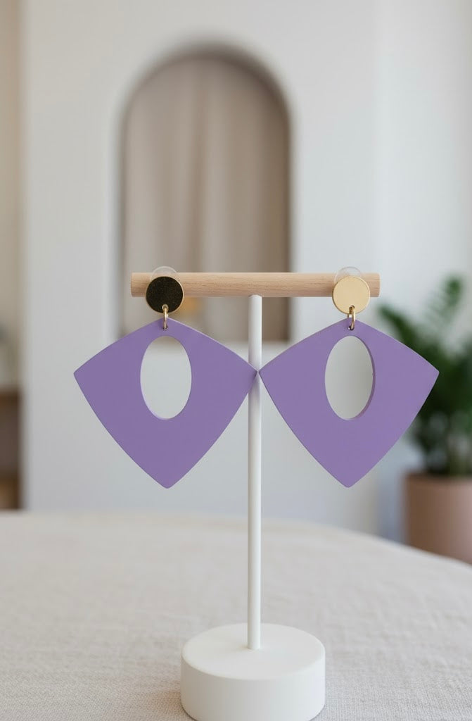 Light Purple Geometric Wooden Stud Earrings