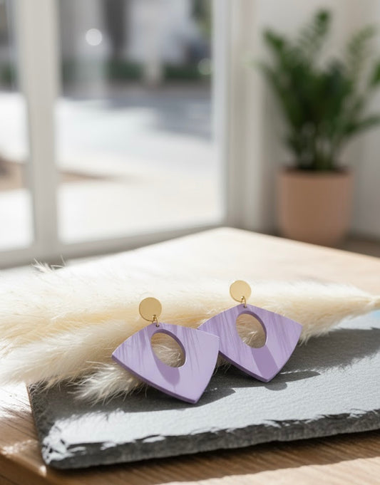 Light Purple Geometric Wooden Stud Earrings