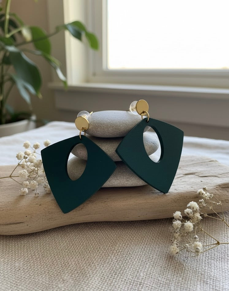 Deep Forest Green Wooden Stud Earrings