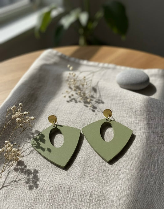 Matte "Celery" Green Geometrical Stud Wooden Earrings